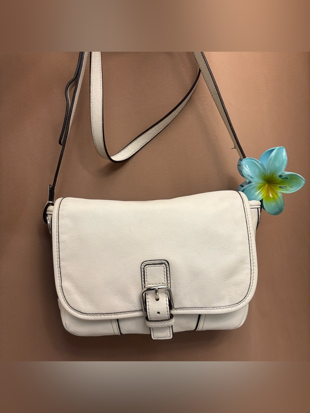Coach F29763 Ivory Leather Flap Crossbody Bag Blue Interior Adjustable Strap